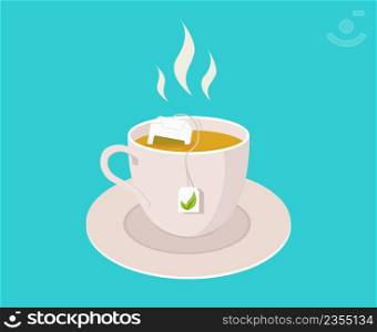 Tea cup with teabag. Fresh mug of tea with smoke. Icon of cup on plate with hot drink. Flat illustration isolated on blue background. Poster for breakfast in cafe or restaurant. Vector.