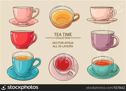 tea cups set color. Tea cups vector set on color background