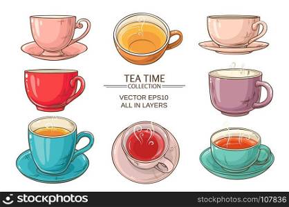 tea cups set color. Tea cups vector set on white background