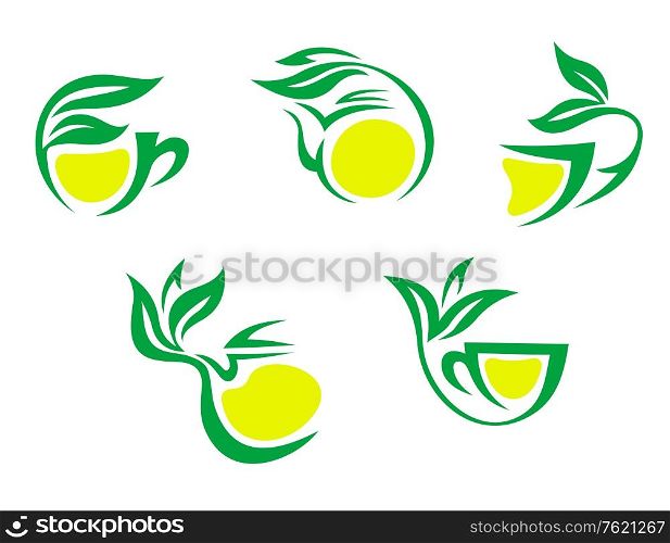 Tea cups symbols with lemon and green leaves for beverages design