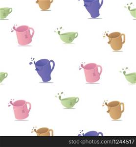 Tea cups with label and drops seamless pattern. Ceramic tea cups of different shapes and colors