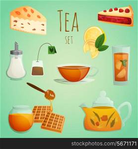 Tea decorative icons colored set with beverage and dessert isolated vector illustration