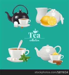 Tea design set with white porcelain service objects isolated vector illustration. Tea Design Set