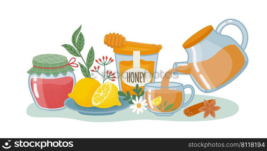 Tea drink concept, lemon and honey, glass of jam. Vector tea lemon food, healthy breakfast with delicious drink tasty illustration. Tea drink concept, lemon and honey, glass of jam