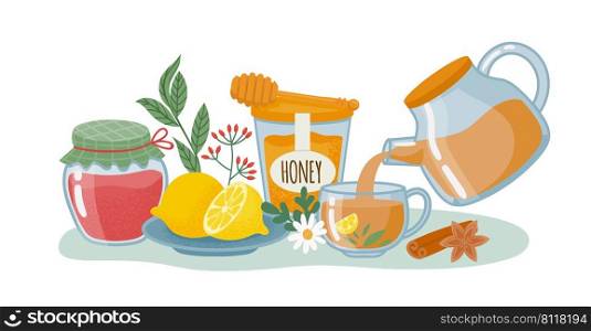 Tea drink concept, lemon and honey, glass of jam. Vector tea lemon food, healthy breakfast with delicious drink tasty illustration. Tea drink concept, lemon and honey, glass of jam