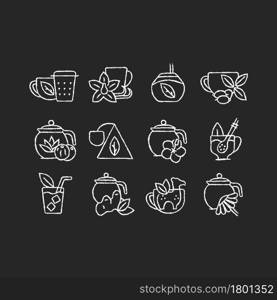 Tea drinking related chalk white icons set on dark background. Tea with different additives. Drink in teacup. Utensils for beverages. Isolated vector chalkboard illustrations on black. Tea drinking related chalk white icons set on dark background