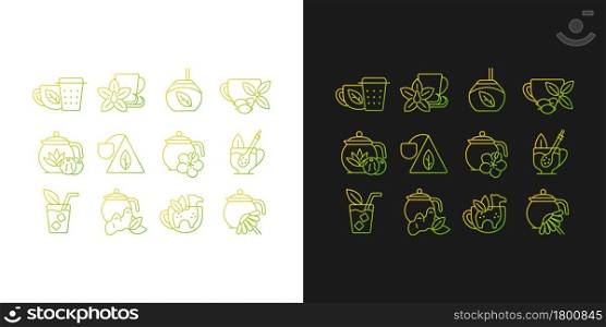 Tea drinking related gradient icons set for dark and light mode. Tea with different additives. Thin line contour symbols bundle. Isolated vector outline illustrations collection on black and white. Tea drinking related gradient icons set for dark and light mode
