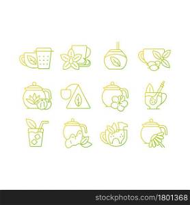 Tea drinking related gradient linear vector icons set. Tea with additives. Drink in teacup. Utensils for beverages. Thin line contour symbols bundle. Isolated vector outline illustrations collection. Tea drinking related gradient linear vector icons set.