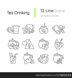 Tea drinking related linear icons set. Tea with different additives. Drink in teacup. Customizable thin line contour symbols. Isolated vector outline illustrations. Editable stroke. Tea drinking related linear icons set