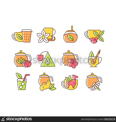 Tea drinking related RGB color icons set. Tea with different additives. Drink in teacup. Utensils for beverages. Isolated vector illustrations. Simple filled line drawings collection. Tea drinking related RGB color icons set