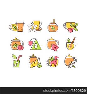 Tea drinking related RGB color icons set. Tea with different additives. Drink in teacup. Utensils for beverages. Isolated vector illustrations. Simple filled line drawings collection. Tea drinking related RGB color icons set