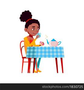 Tea Drinking Teen Girl At Table In Morning Vector. African Teenager Lady Eating Donut And Drinking Energy Hot Drink. Character Enjoying Delicious Beverage From Teapot Flat Cartoon Illustration. Tea Drinking Teen Girl At Table In Morning Vector