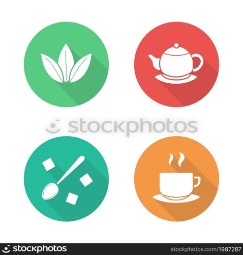 Tea flat design icons set. Green tea leaves and hot teapot white silhouette illustrations on color circles. Sugar cubes with spoon and steaming teacup round symbols. Vector infographics elements. Tea flat design icons set