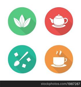 Tea flat design icons set. Green tea leaves and hot teapot white silhouette illustrations on color circles. Sugar cubes with spoon and steaming teacup round symbols. Vector infographics elements. Tea flat design icons set
