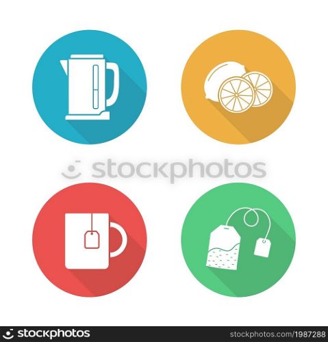 Tea flat design icons set. Sliced lemon in yellow circle. Hot teacup with hanging teabag. Electric kettle long shadow silhouette symbol. Household tea appliances set. Vector infographics elements. Tea flat design icons set
