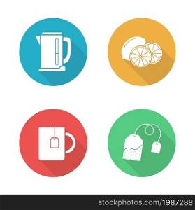 Tea flat design icons set. Sliced lemon in yellow circle. Hot teacup with hanging teabag. Electric kettle long shadow silhouette symbol. Household tea appliances set. Vector infographics elements. Tea flat design icons set