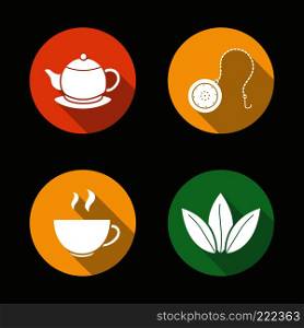 Tea flat design long shadow icons set. Steaming cup, teapot on plate, loose tea leaves and ball infuser. Vector silhouette illustration. Tea flat design long shadow icons set