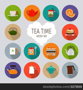 Tea flat icons. Cup of tea and kettle, pastries and desserts. Tea flat icons