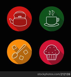 Tea flat linear long shadow icons set. Kettle, steaming cup on plate, sugar cubes with spoon, muffin. Vector line symbols. Tea flat linear long shadow icons set