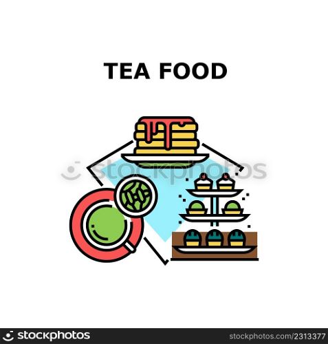 Tea Food Dessert Vector Icon Concept. Hot Morning Drink, Cakes And Pancakes With Jam, Tea Food Dessert. Cafeteria Delicious And Aromatic Beverage And Sweet Nutrition Color Illustration. Tea Food Dessert Vector Concept Color Illustration
