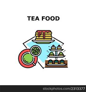 Tea Food Dessert Vector Icon Concept. Hot Morning Drink, Cakes And Pancakes With Jam, Tea Food Dessert. Cafeteria Delicious And Aromatic Beverage And Sweet Nutrition Color Illustration. Tea Food Dessert Vector Concept Color Illustration