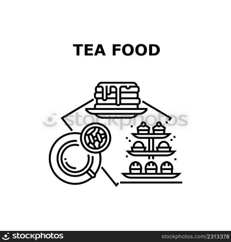 Tea Food Dessert Vector Icon Concept. Hot Morning Drink, Cakes And Pancakes With Jam, Tea Food Dessert. Cafeteria Delicious And Aromatic Beverage And Sweet Nutrition Black Illustration. Tea Food Dessert Vector Concept Black Illustration