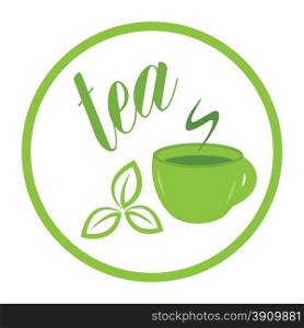 tea green leaf and tea cup label vector illustration