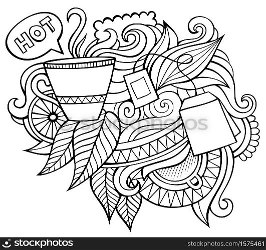 Tea hand drawn cartoon doodles illustration. Funny design. Creative art vector background. Beverage symbols, elements and objects. Sketchy composition. Tea hand drawn cartoon doodles illustration. Funny design.