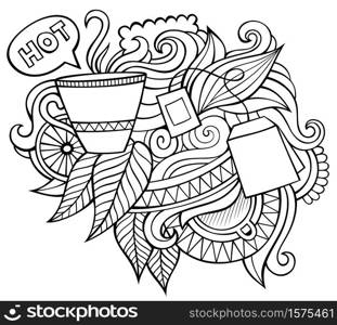 Tea hand drawn cartoon doodles illustration. Funny design. Creative art vector background. Beverage symbols, elements and objects. Sketchy composition. Tea hand drawn cartoon doodles illustration. Funny design.