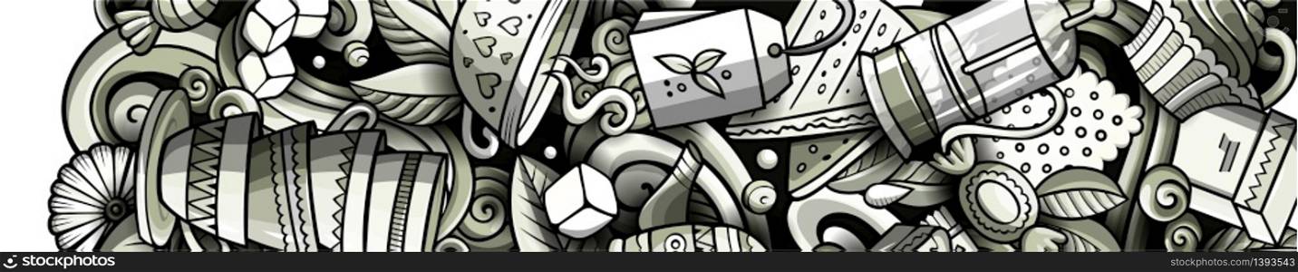 Tea hand drawn doodle banner. Cartoon detailed flyer. Beverage identity with objects and symbols. Monochrome vector design elements background. Tea hand drawn doodle banner. Cartoon detailed flyer.