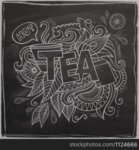 Tea hand lettering and doodles elements background On Chalkboard. Vector illustration. Tea hand lettering and doodles element On Chalkboard