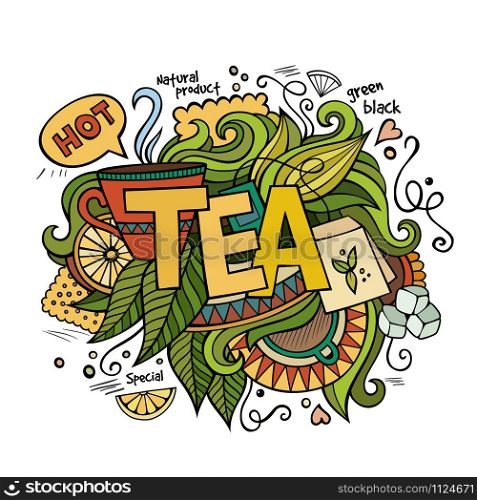 Tea hand lettering and doodles elements background. Vector illustration. Tea hand lettering and doodles elements background