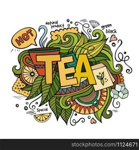Tea hand lettering and doodles elements background. Vector illustration. Tea hand lettering and doodles elements background