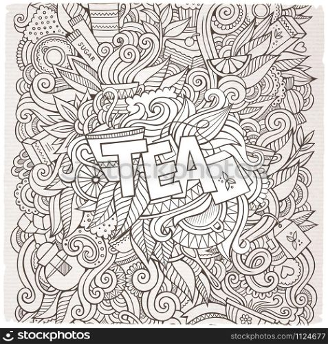 Tea hand lettering and doodles elements background. Vector illustration. Tea hand lettering and doodles elements background.