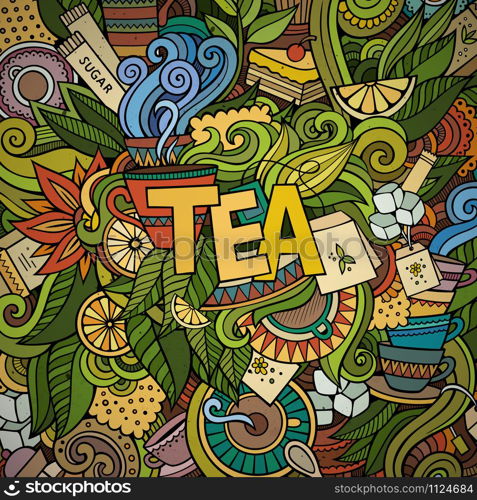 Tea hand lettering and doodles elements background. Vector illustration. Tea hand lettering and doodles elements background.