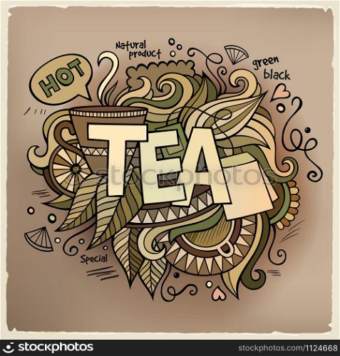 Tea hand lettering and doodles elements background. Vector illustration. Tea hand lettering and doodles elements