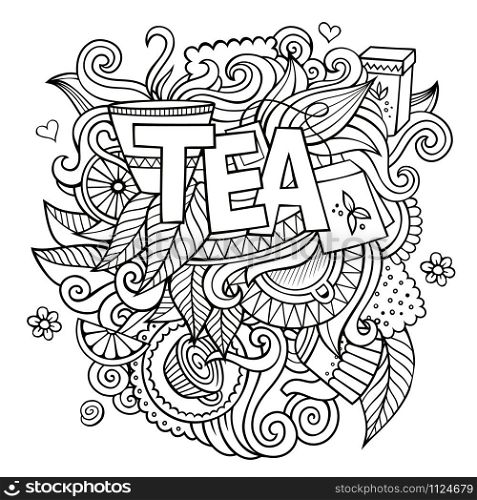 Tea hand lettering and doodles elements background. Vector sketchy illustration. Tea hand lettering and doodles elements background