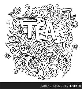 Tea hand lettering and doodles elements background. Vector sketchy illustration. Tea hand lettering and doodles elements background