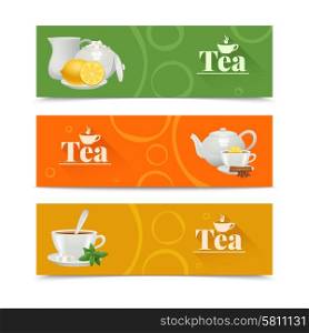 Tea horizontal banners set with porcelain service isolated vector illustration. Tea Banners Set
