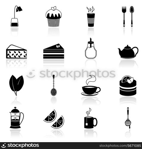 Tea icons black set with honey jar teapot teabag isolated vector illustration