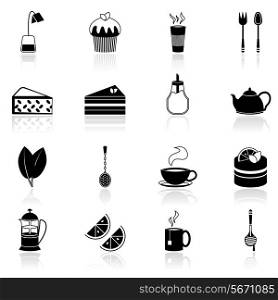 Tea icons black set with honey jar teapot teabag isolated vector illustration