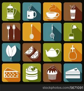 Tea icons flat set with leaf desserts spoon isolated vector illustration