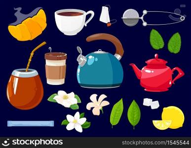 Tea icons isolated vector set of flowers, croissant, green or black tea plant and mint leaves. Cane sugar cubes and pack, teapot and cup. Lemon, potter and white blossoms with strainer cartoon objects. Tea icons isolated vector set cartoon objects