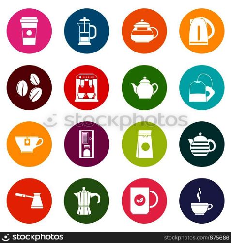 Tea icons many colors set isolated on white for digital marketing. Tea and coffee icons many colors set