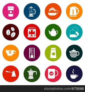 Tea icons many colors set isolated on white for digital marketing. Tea and coffee icons many colors set