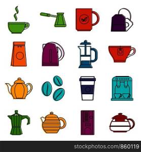 Tea icons set. Doodle illustration of vector icons isolated on white background for any web design. Tea and coffee icons doodle set