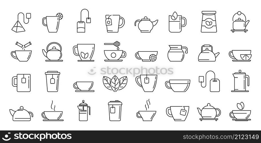 Tea icons set outline vector. Beverage drink. Glass hot water. Tea icons set outline vector. Beverage drink