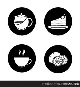 Tea icons set. Piece of cake on plate, steaming cup, cutted lemon, brewing teapot infuser. Vector white silhouettes illustrations in black circles. Tea icons set