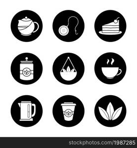 Tea icons set. Tea shop items. Teapot and ball infuser, cake, loose tea leaves, container, bowl, steaming cup, electric kettle and takeaway papercup. Vector white illustrations in black circles. Tea icons set