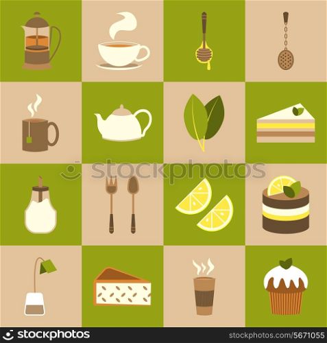 Tea icons set with cup sugar cake isolated vector illustration